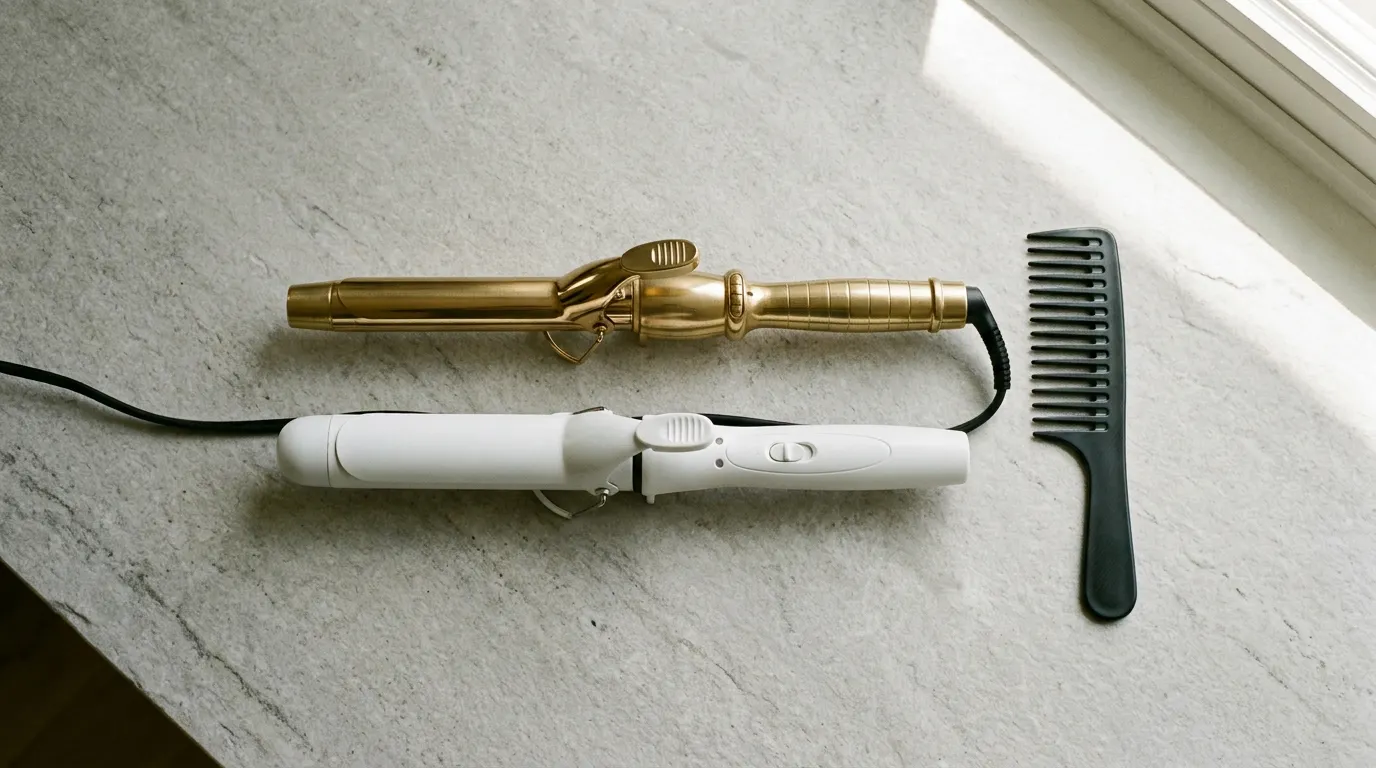 A 1-inch titanium curling iron and a 1.5-inch ceramic curling wand resting beside a carbon comb on a stone surface.