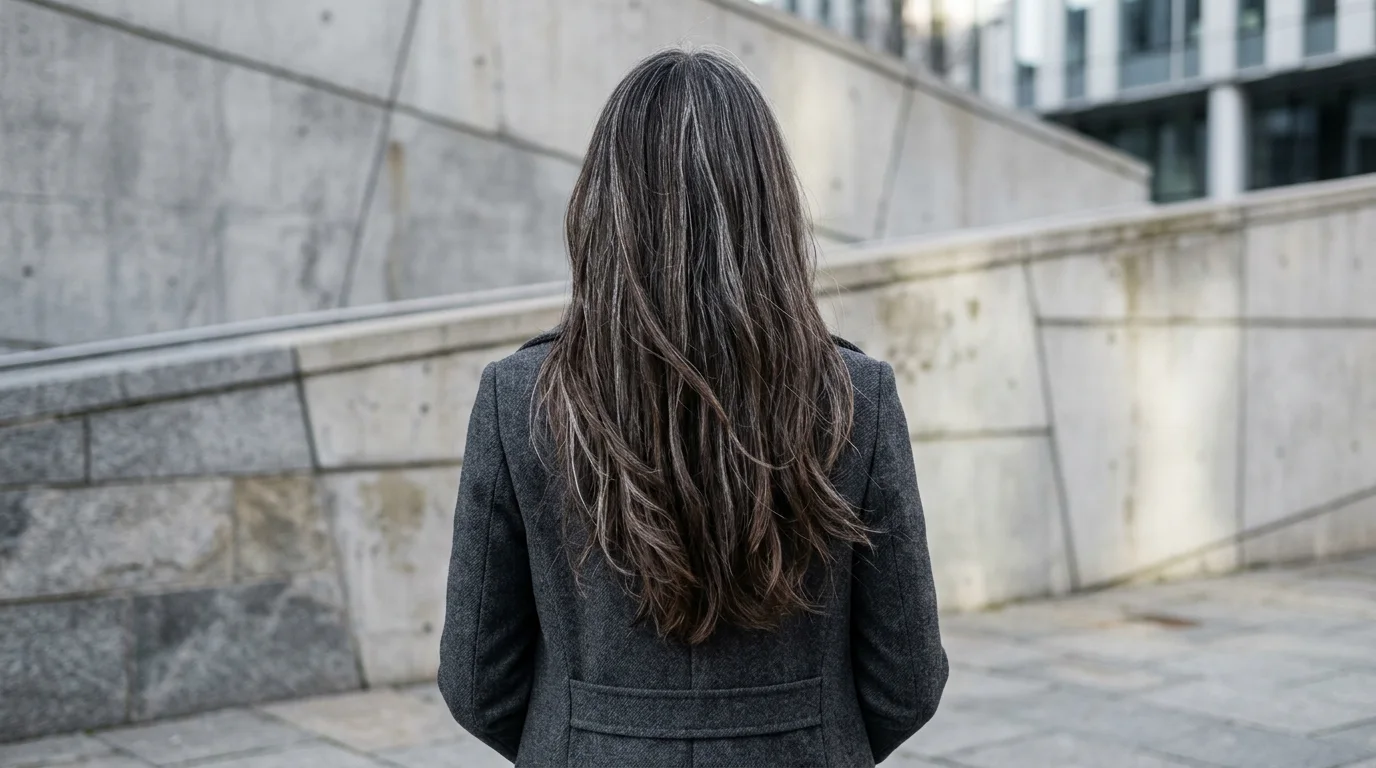 Rear view of salt-and-pepper hair enhanced with neutral charcoal lowlights for depth.