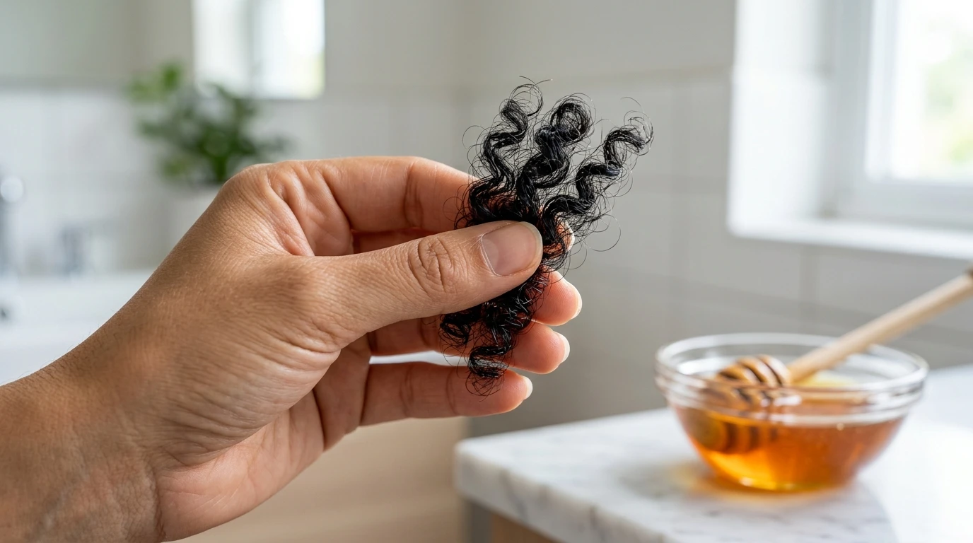 Fingers gently checking the elasticity of curly hair strands against natural window light.