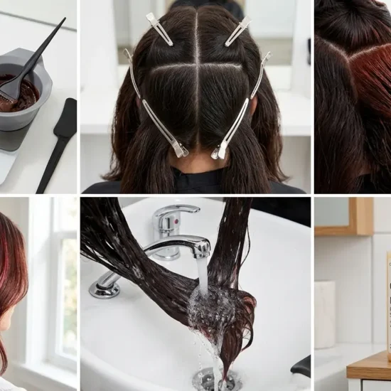 Step by step collage of mixing applying and maintaining cherry cola hair dye.