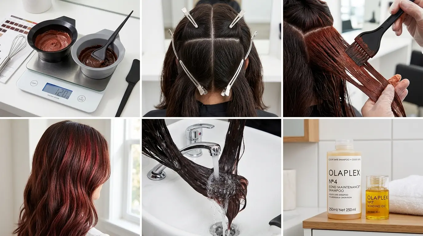 Step by step collage of mixing applying and maintaining cherry cola hair dye.