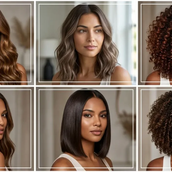 Six box grid showing chocolate brown hair variations for brown skin tones
