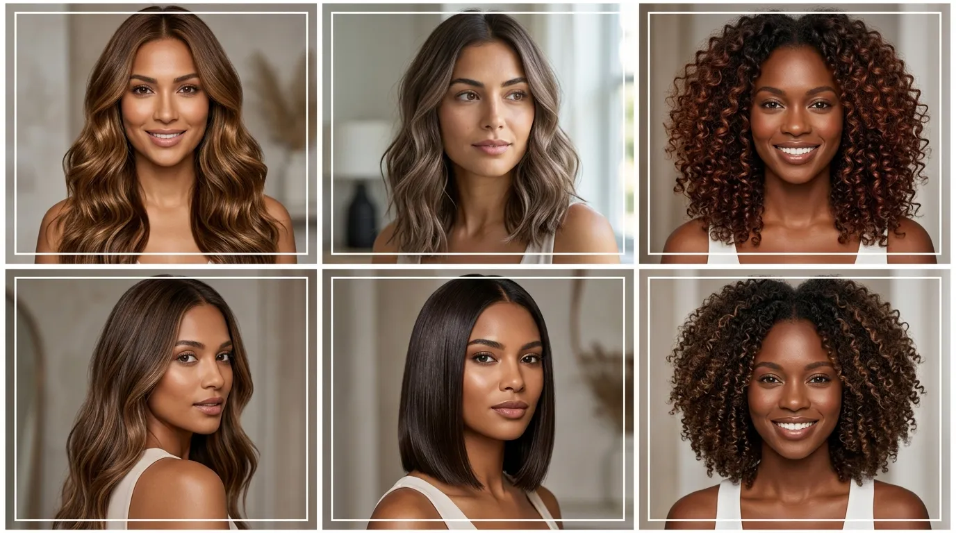 Six box grid showing chocolate brown hair variations for brown skin tones