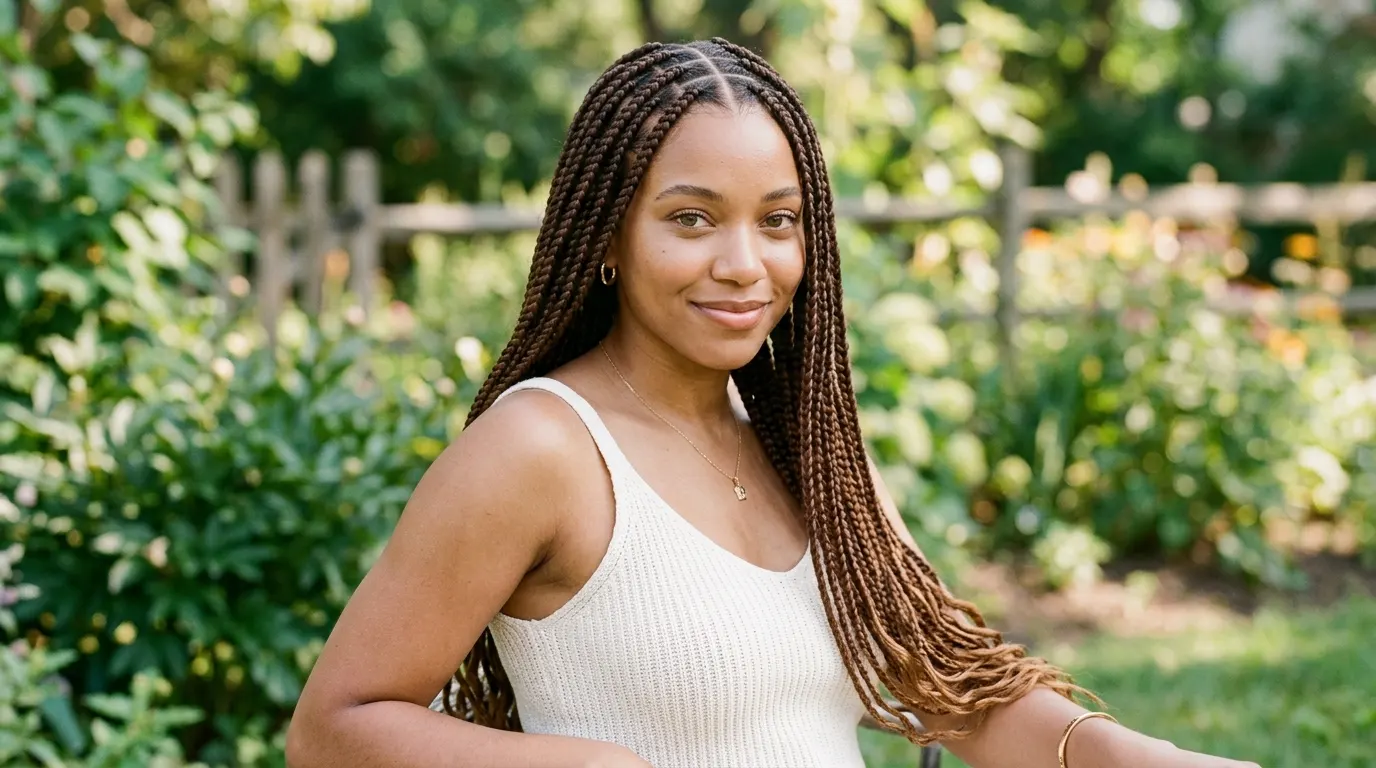 Long chocolate brown knotless box braids on a woman with light brown skin