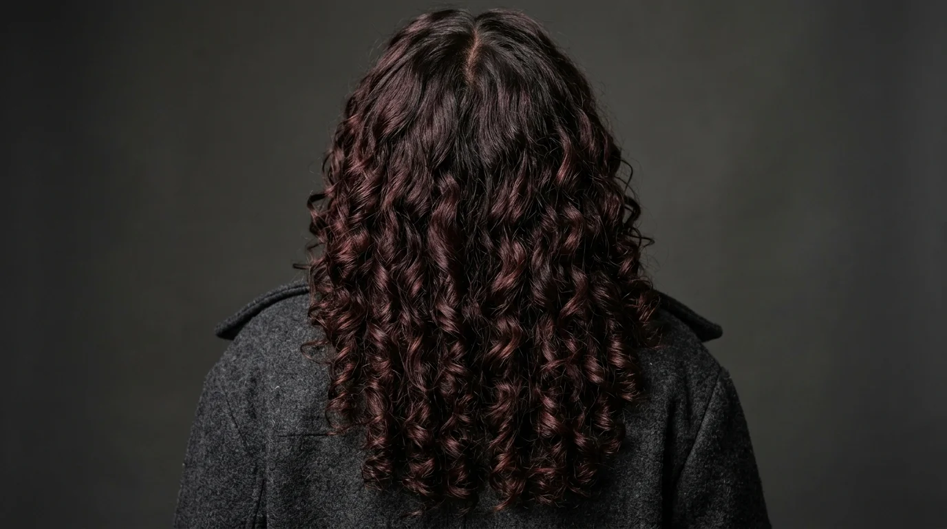 Spiced chocolate cherry curls on a woman with deep bronze skin