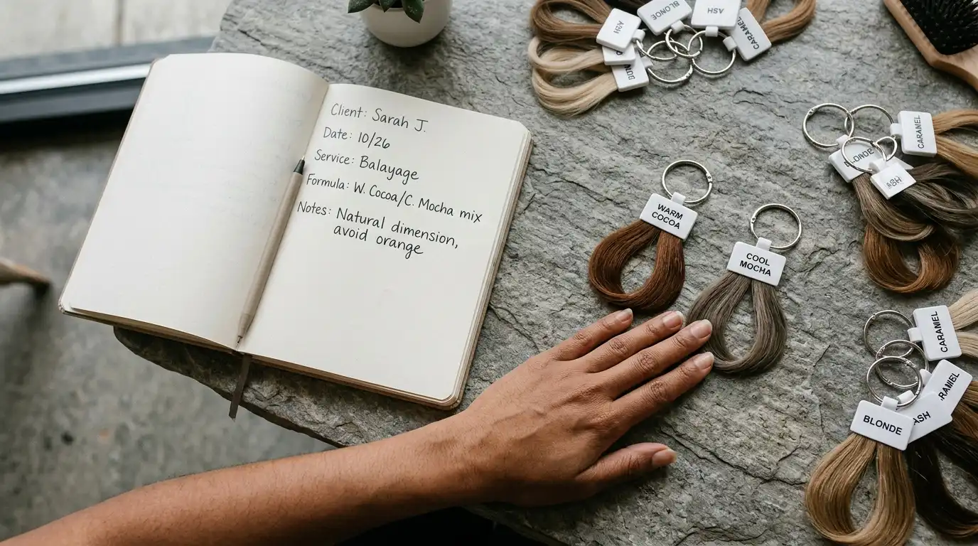 Hair color swatch rings and consultation book on a stone table