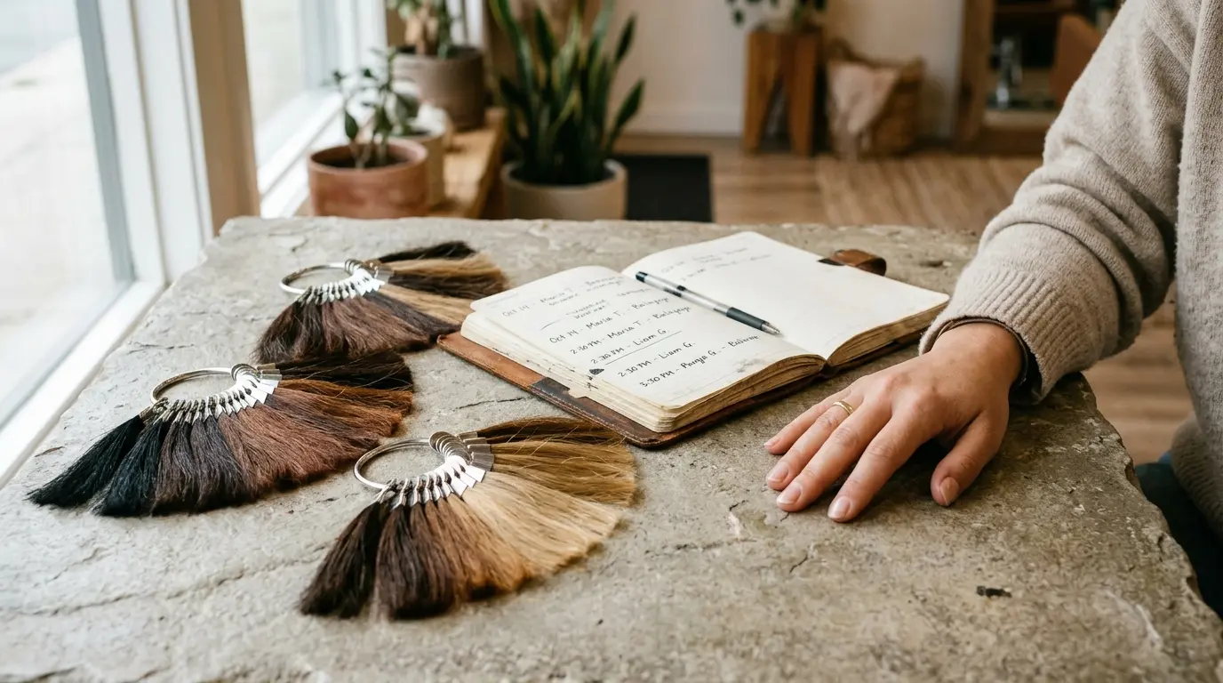 Natural hair color swatch rings and consultation book on a stone table surface