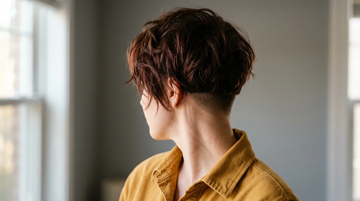 Back view of a tight nape undercut topped with a longer textured crown canopy.
