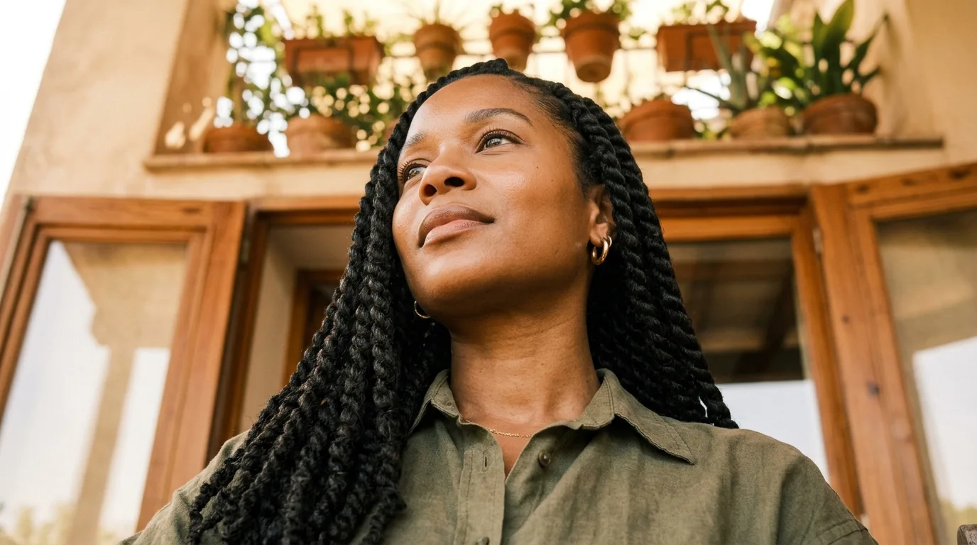 Chunky two-strand twists styled on shoulder-length natural hair to preserve moisture.
