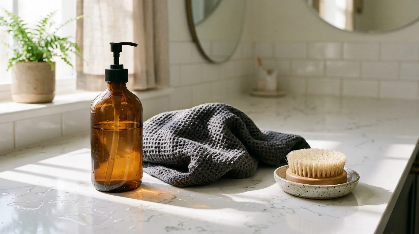 Amber glass clarifying shampoo bottle and microfiber towel on a bright stone vanity.