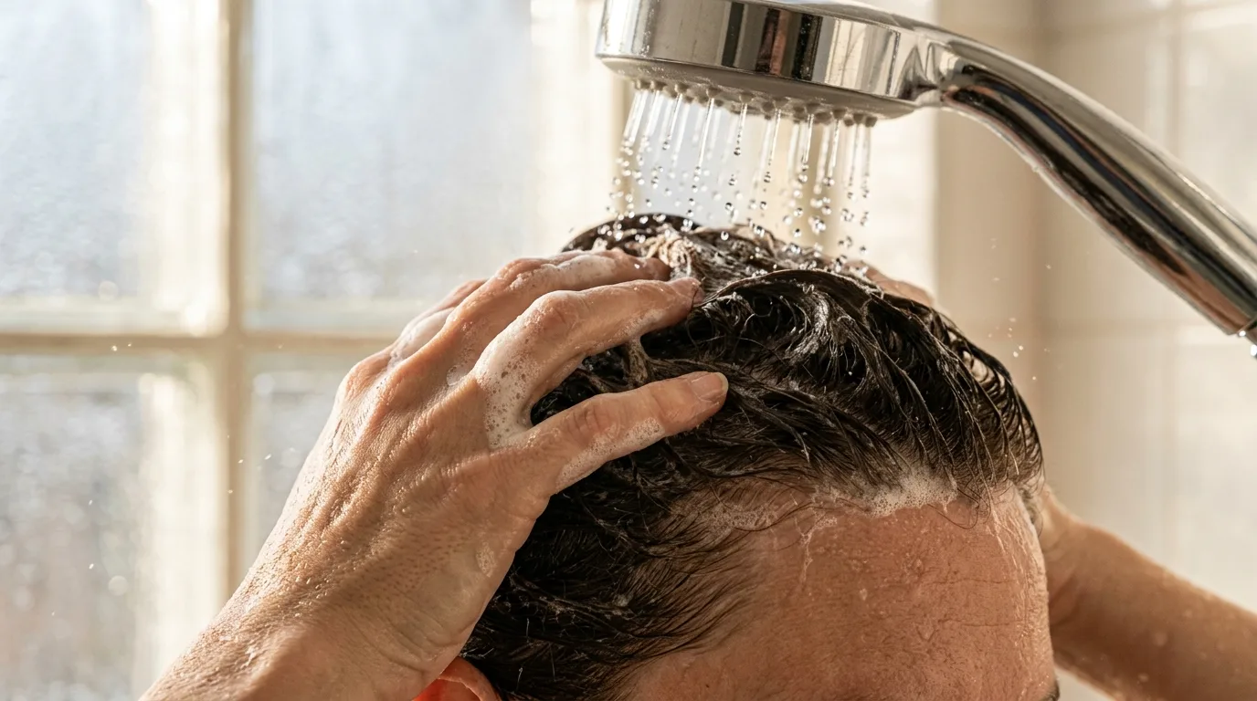 Hands massaging clarifying shampoo into a wet scalp under a chrome shower stream.