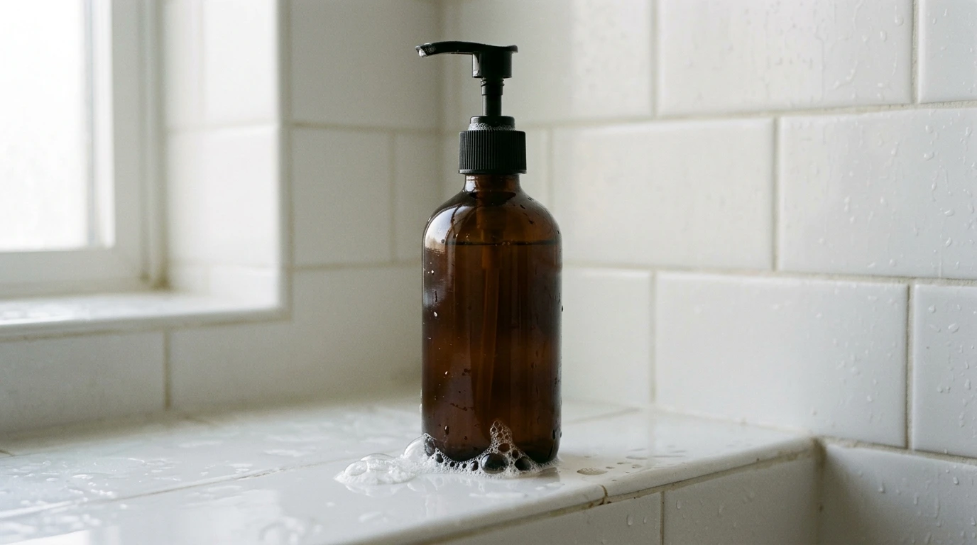 Amber glass clarifying shampoo bottle on a clean shower ledge for removing styling buildup.