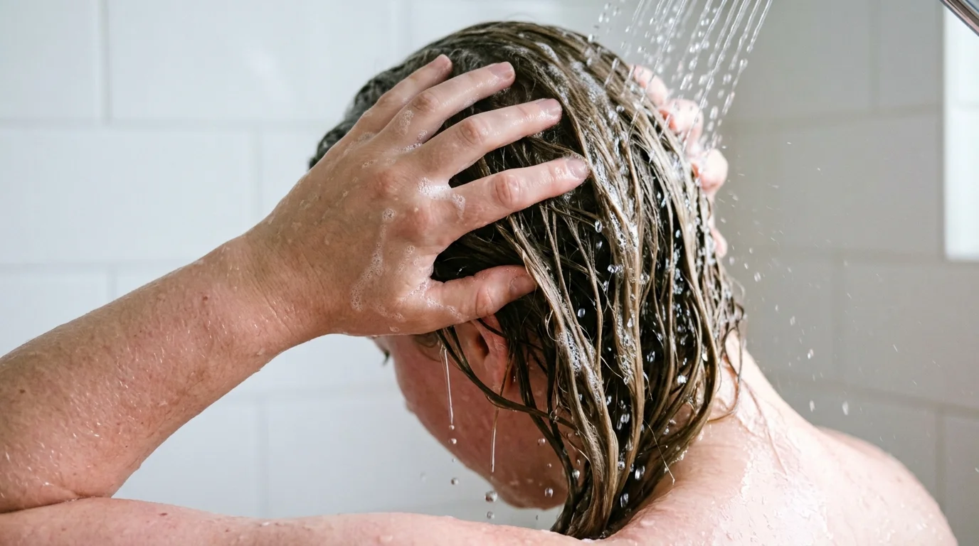 Washing straight hair with a clarifying cleanser to remove mineral residue.