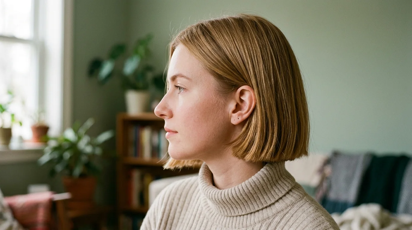 Profile view of a chin-length blunt bob creating a thick horizontal perimeter line.