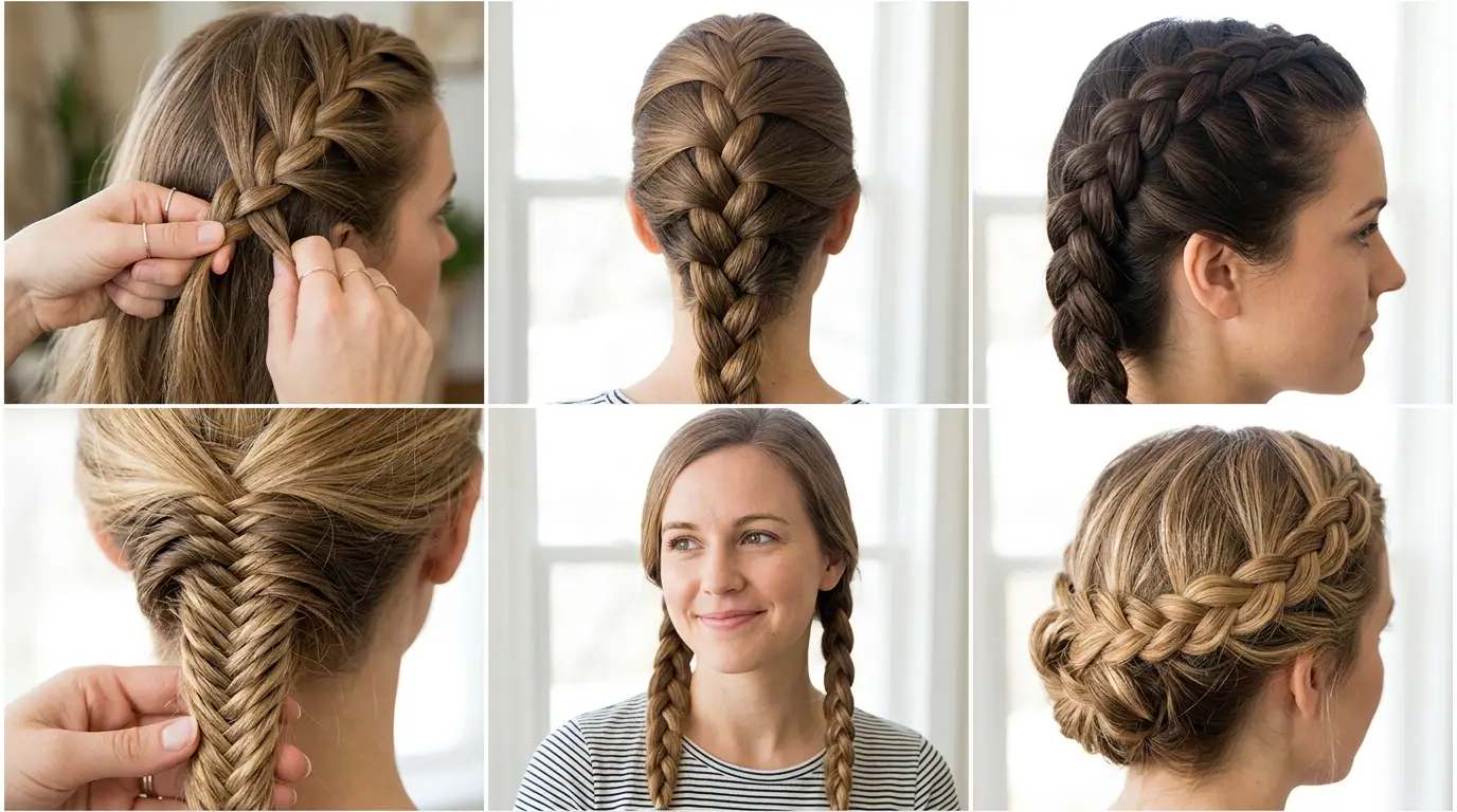 Hand positioning for a basic three-strand side braid resting over the shoulder.