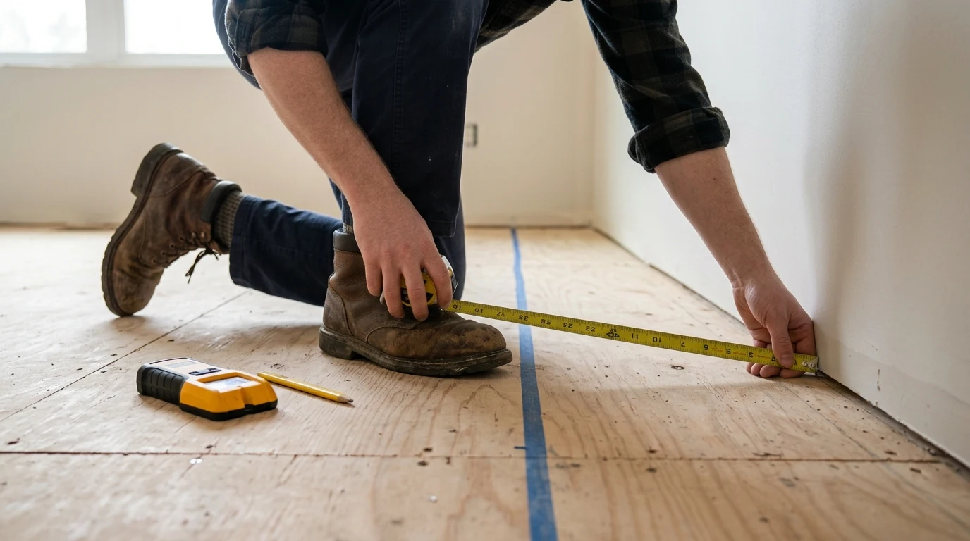 Measuring and marking floor clearance lines for building a new closet in a bedroom.
