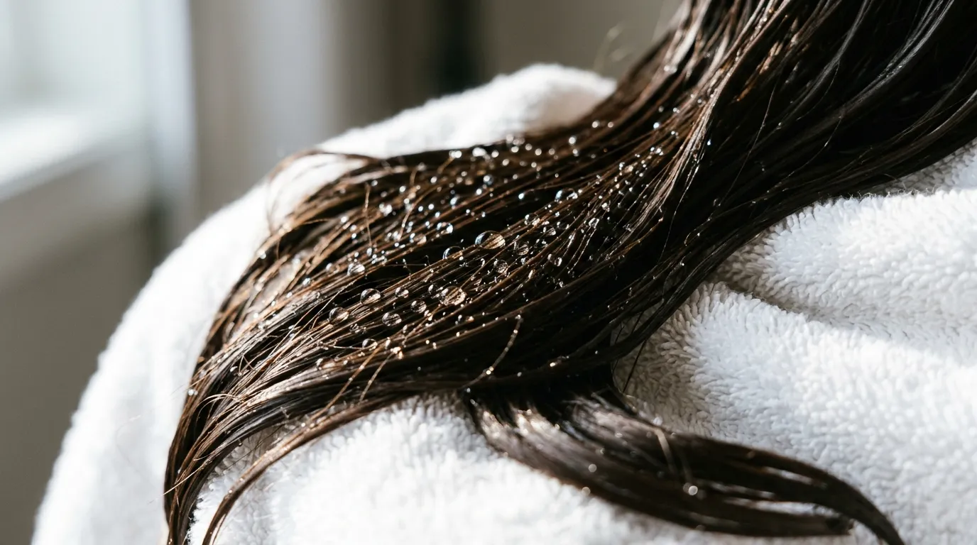 Water droplets glistening on smooth dark brown hair resting on a clean towel