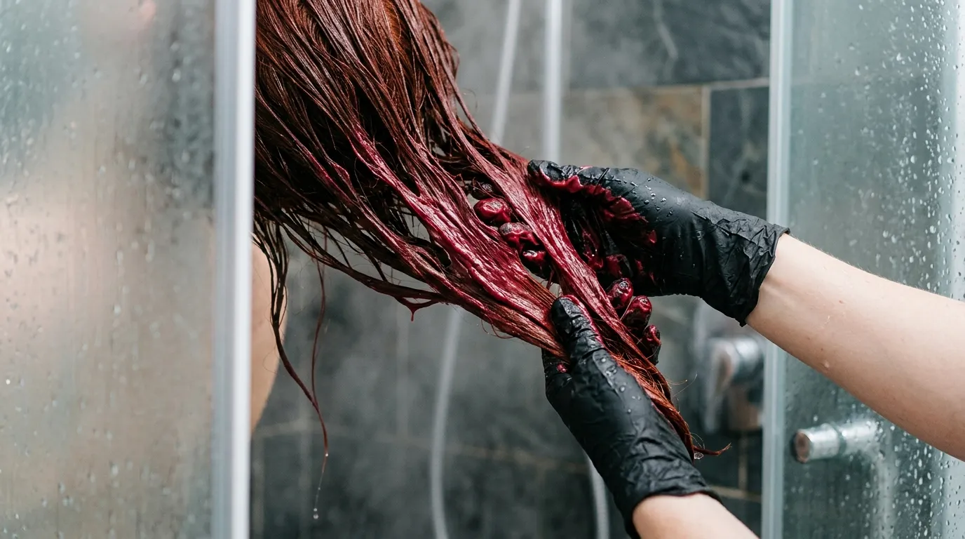Refreshing faded auburn hair with a deep crimson color-depositing hair treatment in the shower.