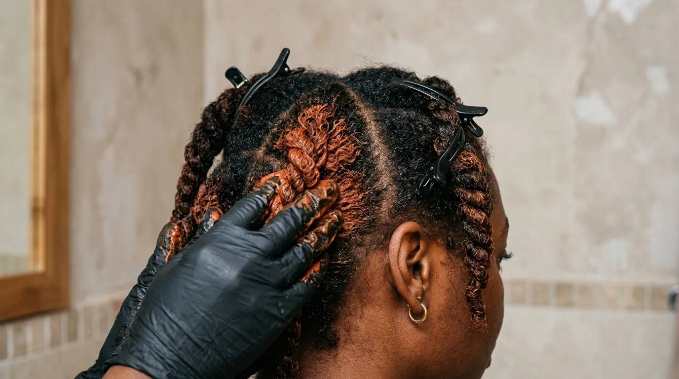 Rich copper hair dye being massaged into sectioned twists of thick natural curly hair.