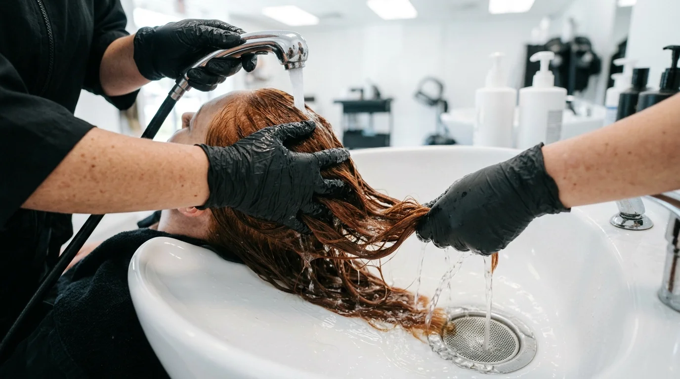 Clean hair parting showing seamless root transition into rich red tones.