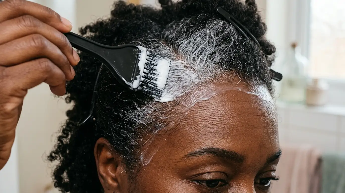 Thick hair color cream applied to resistant silver gray hair roots along the temple.