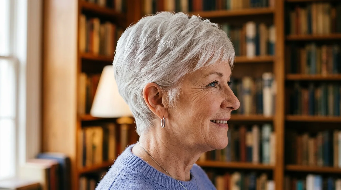 A soft cropped silver pixie haircut on a mature woman over 70 with delicate gray hair.