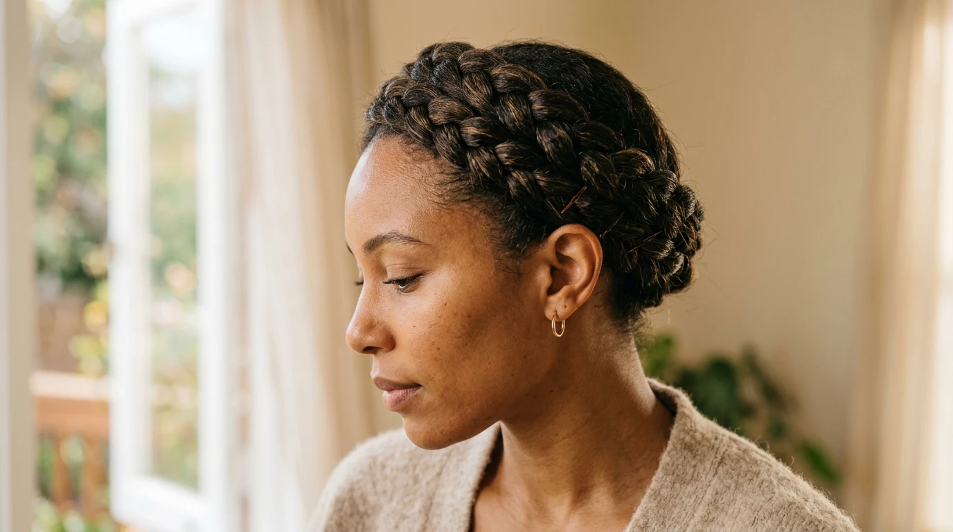 Crown halo braid wrapped and pinned securely around the top of the head.