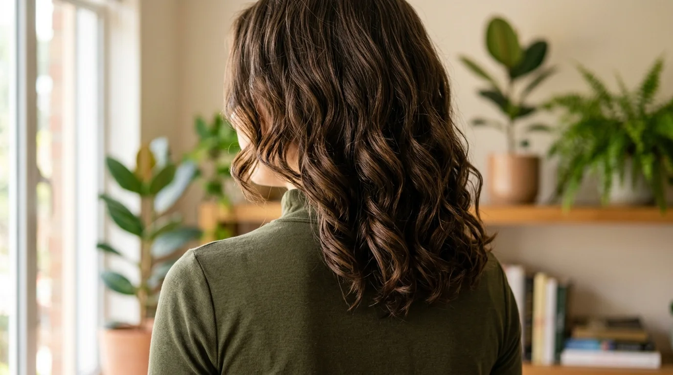Structured wave bundles drying into a firm protective cast on shoulder length hair.