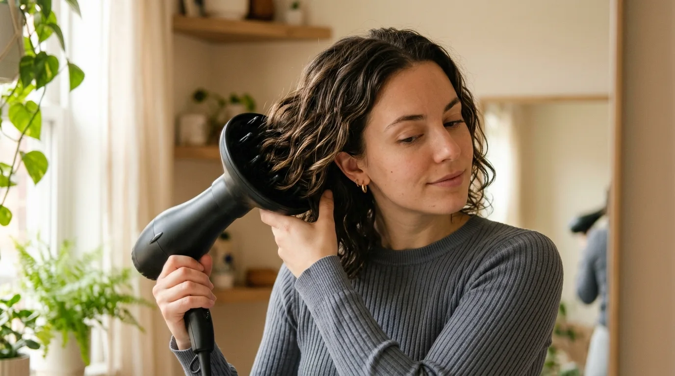 Cupping wavy hair sections into a wide bowl diffuser to dry the shape.