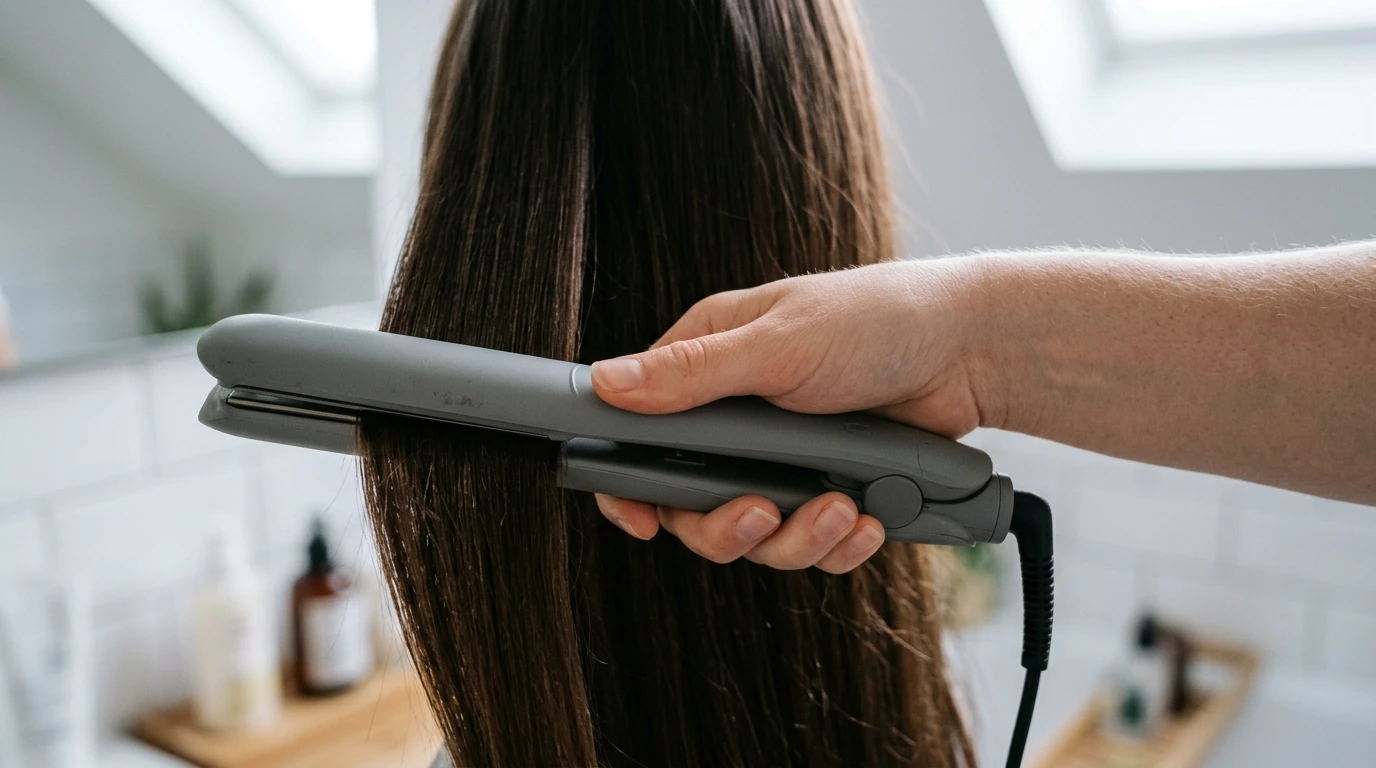 Flat iron turned 180 degrees creating ribbon curls as it glides down a section of dark hair.