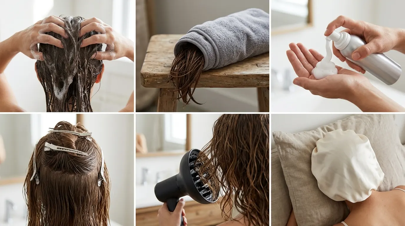 A six box guide demonstrating key steps for styling straight hair into textured waves.