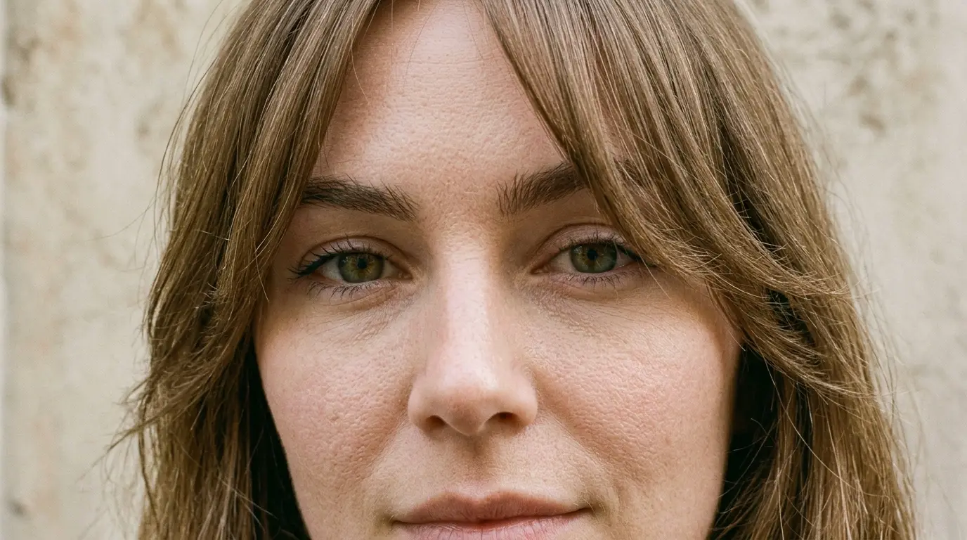 Soft curtain bangs framing the forehead to visually broaden narrow temples.