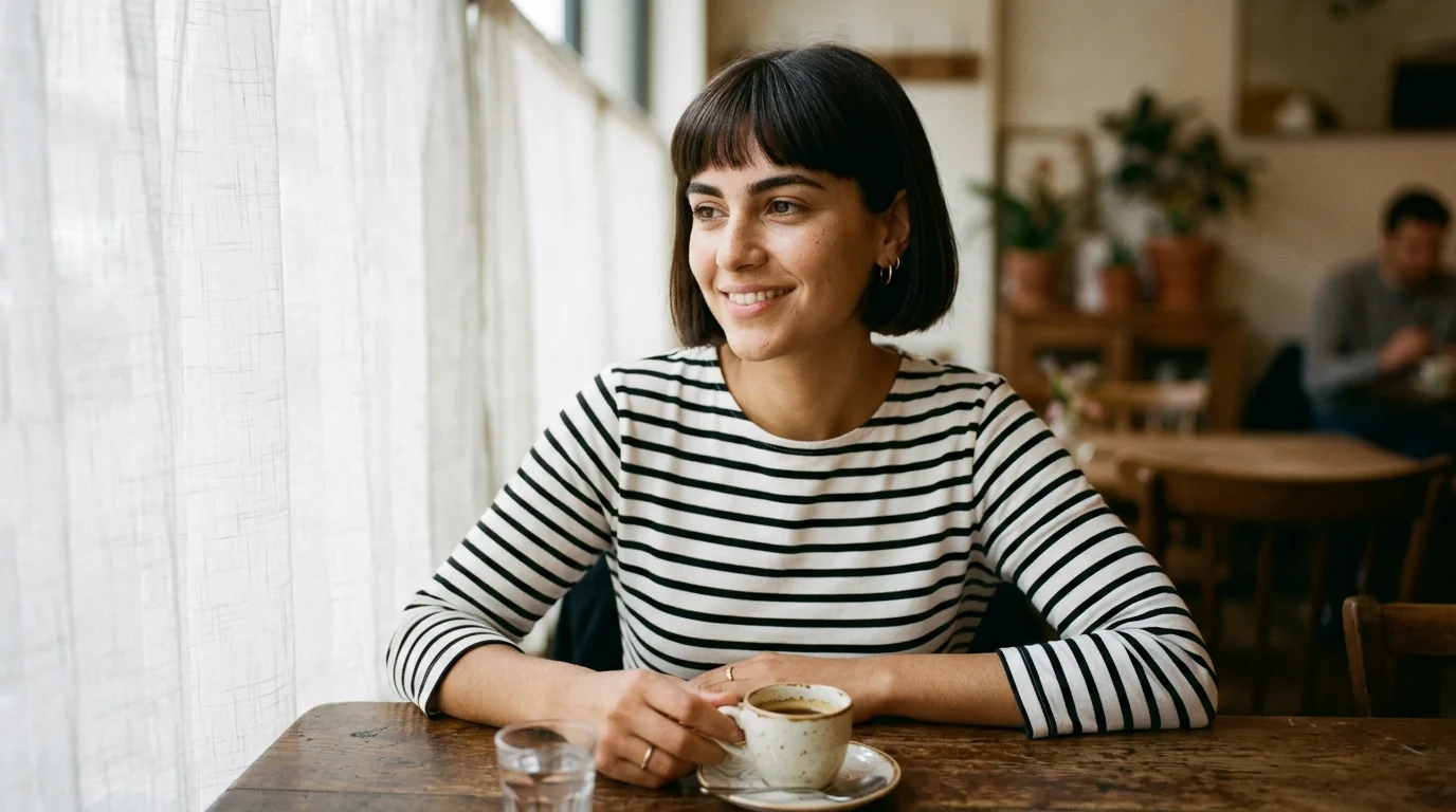 French style cheek-length blunt bob with eyebrow-grazing delicate fringe.