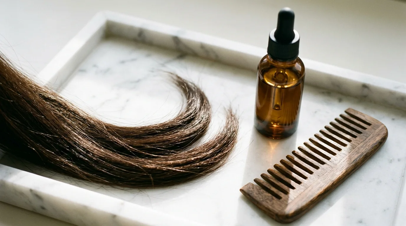 Dark hair ends beside an amber glass oil bottle and wooden comb on marble