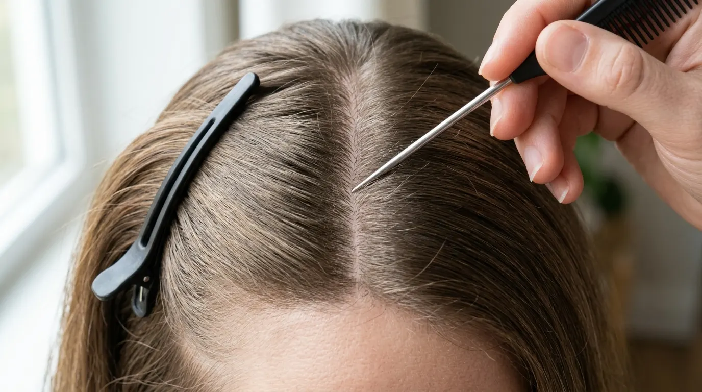 Cutting the central guide section of hair level with the tip of the nose using hair shears.