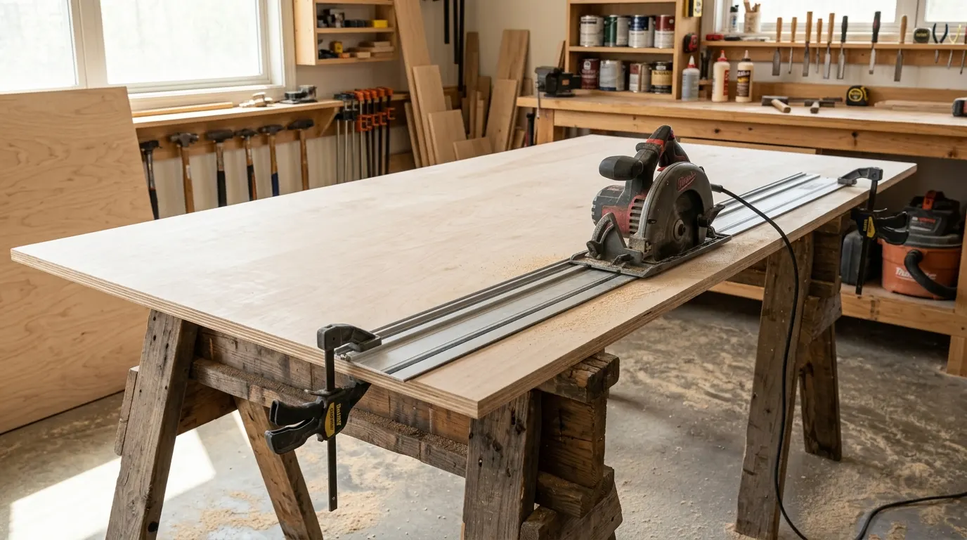 Ripping birch plywood sheets into shelf panels using a straight saw guide rail.
