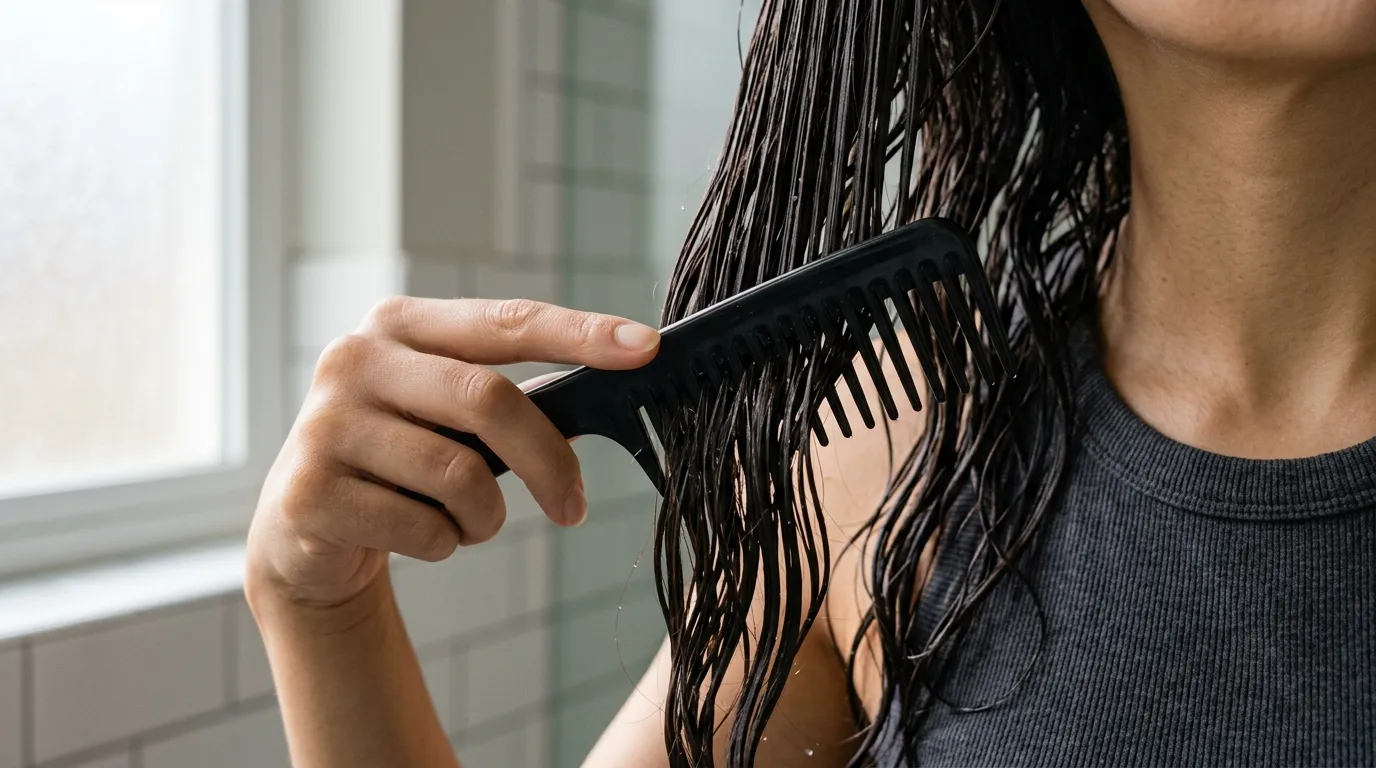 Combing through damp detangled hair before cutting layers at home.