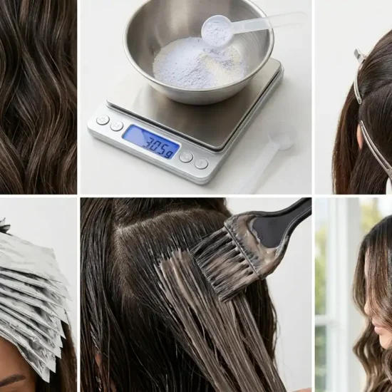 Six box collage grid displaying the complete process of highlighting dark brown hair