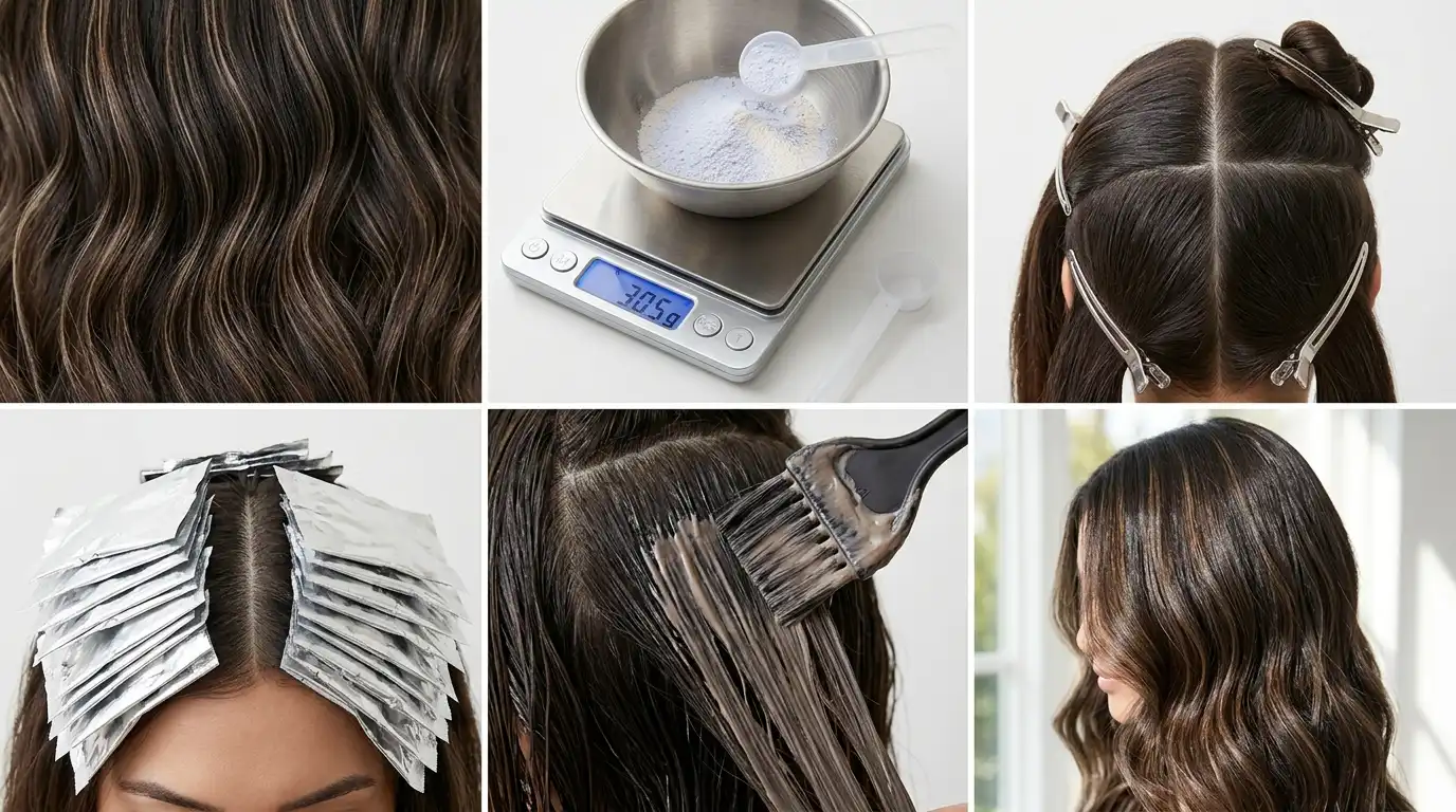 Six box collage grid displaying the complete process of highlighting dark brown hair