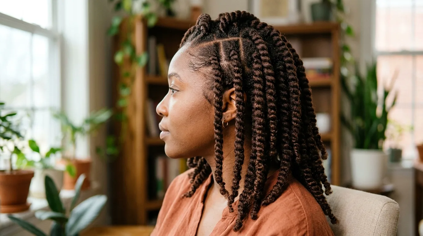 Deep cocoa brown twists on thick, coarse natural hair