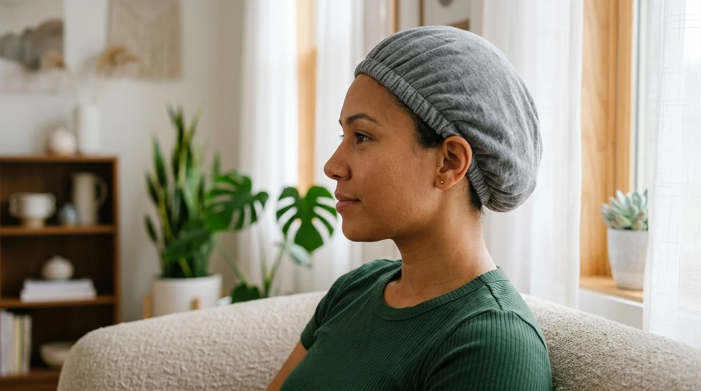 Woman wearing a thermal heat conditioning cap over damp curls to open low porosity hair cuticles.