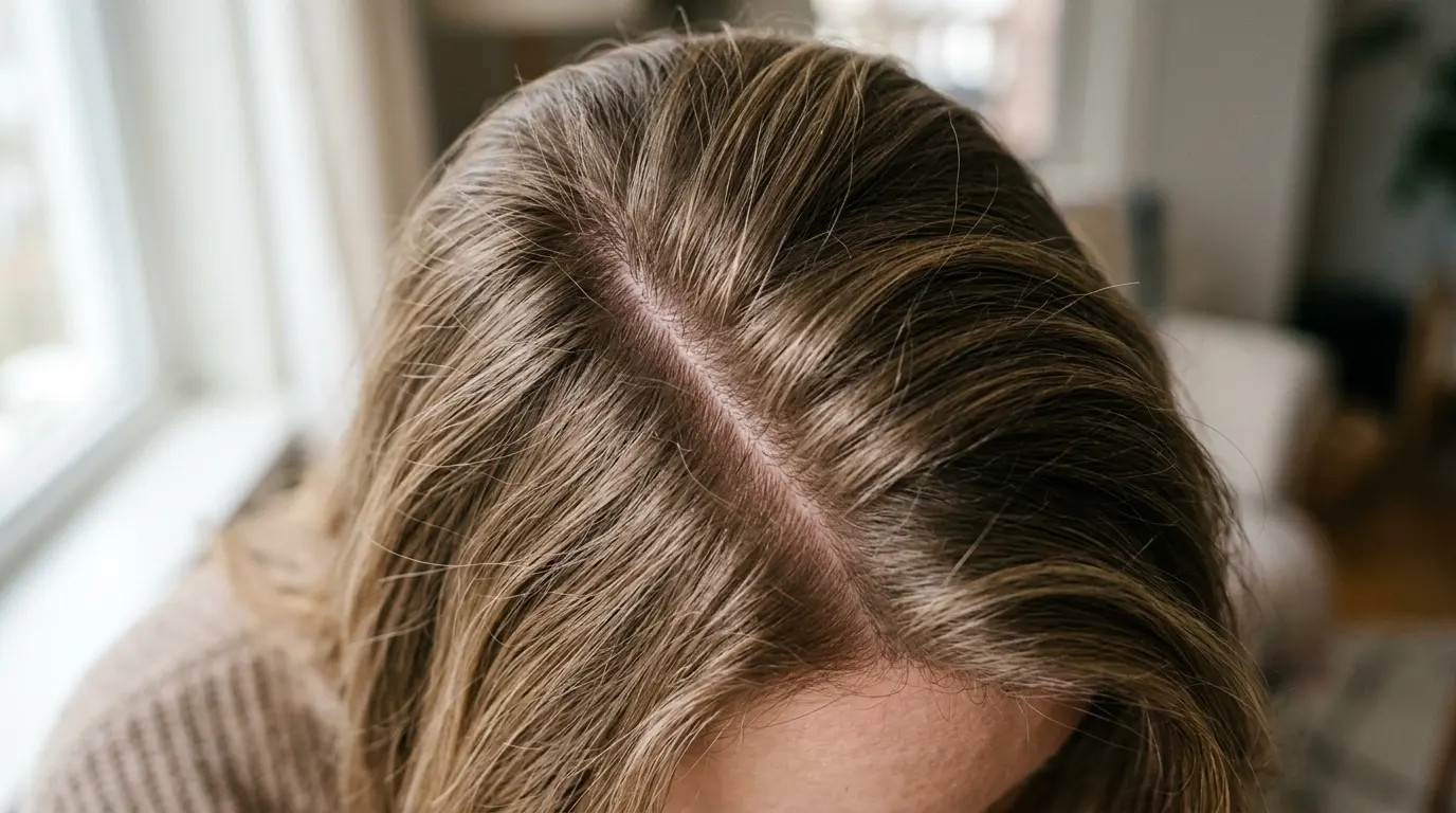 Deep side part showing natural root lift on fine hair texture.