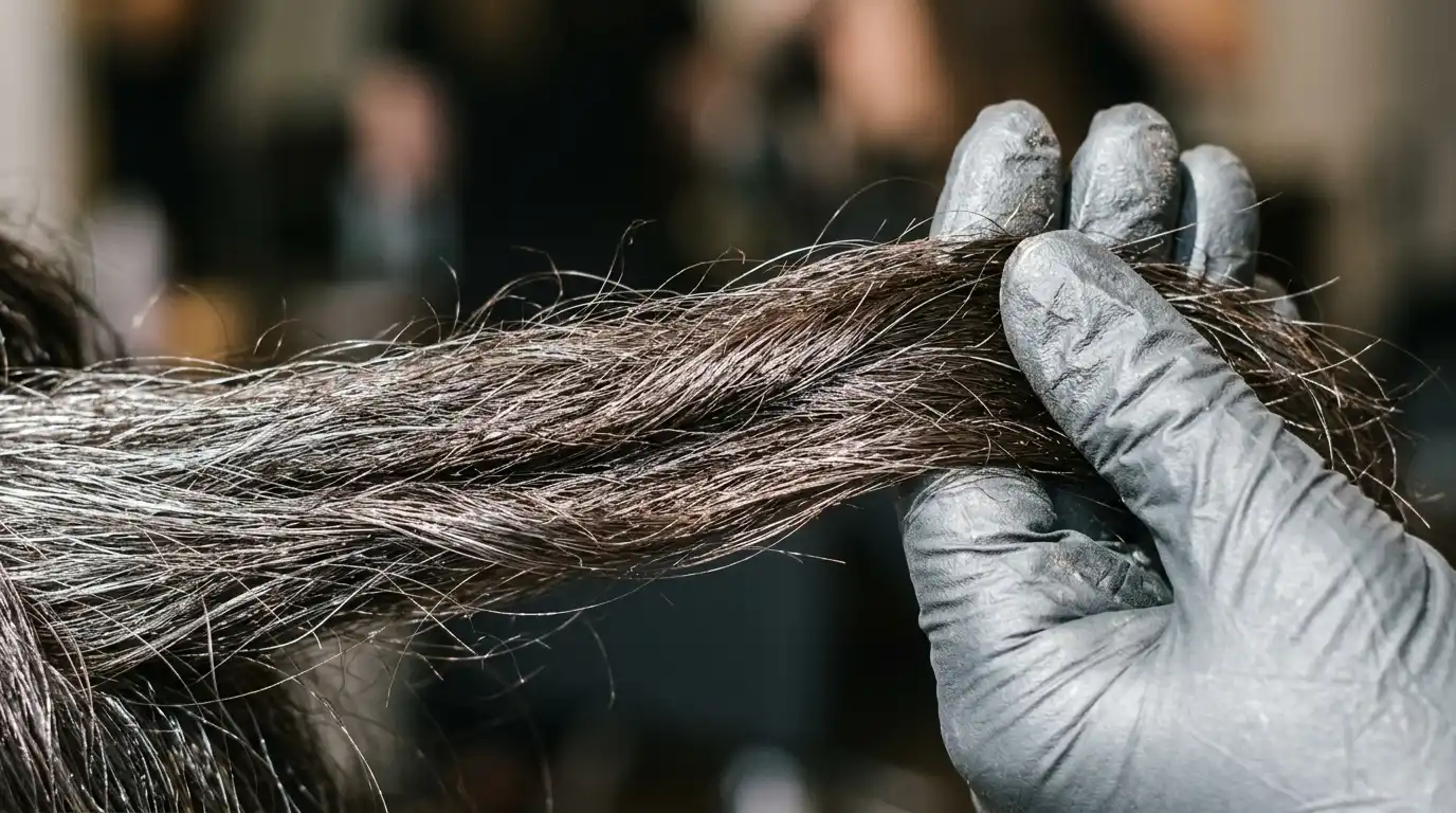 Macro detail of coarse gray and dark brown hair treated with a translucent demi-permanent glaze.