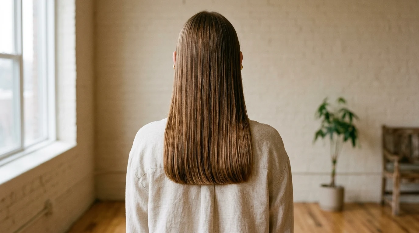 Back view of long fine hair showing a thick blunt perimeter cut across the shoulder blades.