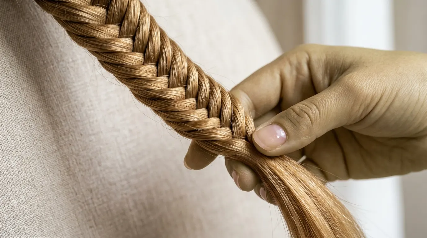 Close up of intricate micro-strands forming a sleek fishtail braid pattern.