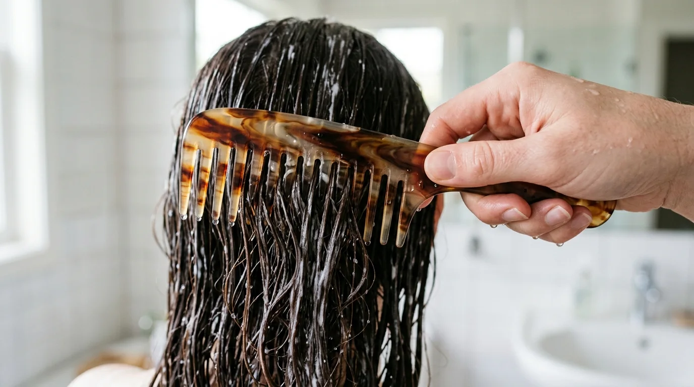 Wide-tooth comb gently loosening wet curly hair ends coated in slippery white conditioner.