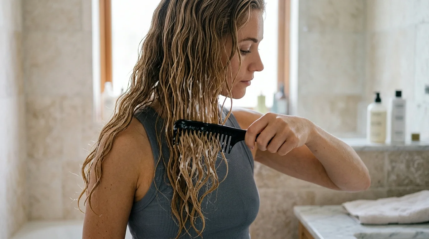 Wide-tooth carbon comb detangling wet wavy hair coated in slippery white conditioner.