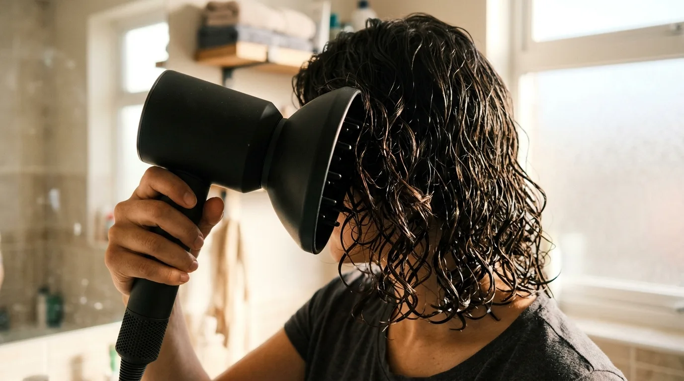 Diffusing damp natural curls with a bowl diffuser to establish bouncy clumping.