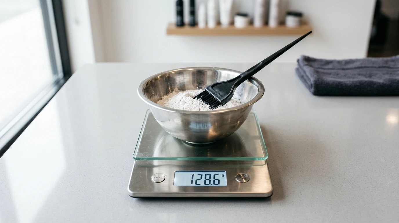 Digital kitchen scale under a mixing bowl with clay lightener and tint brush