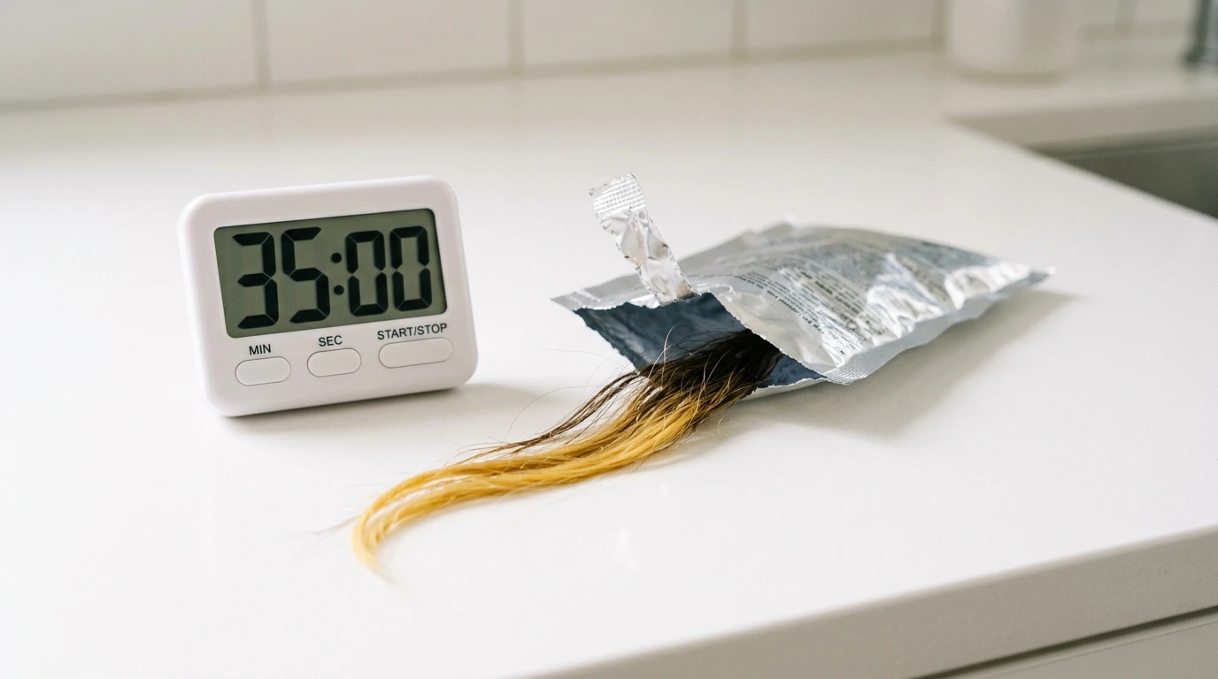 Digital timer set to 35 minutes sitting beside an open hair foil packet